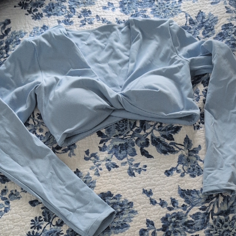 Light Blue Long Sleeve Stretch Deep V Women's Crop Top Small